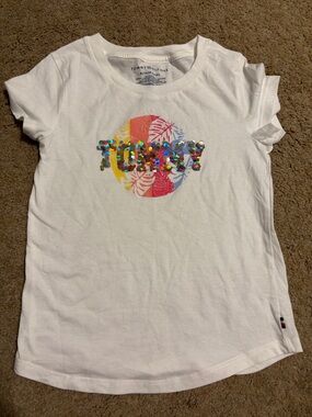 Tommy Hilfiger White Short Sleeve Tee with Multicolor Sequin Logo